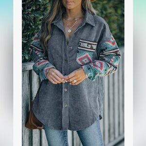 Aztec Print Corduroy Jacket Casual Button Down Oversized Tops Blouses
